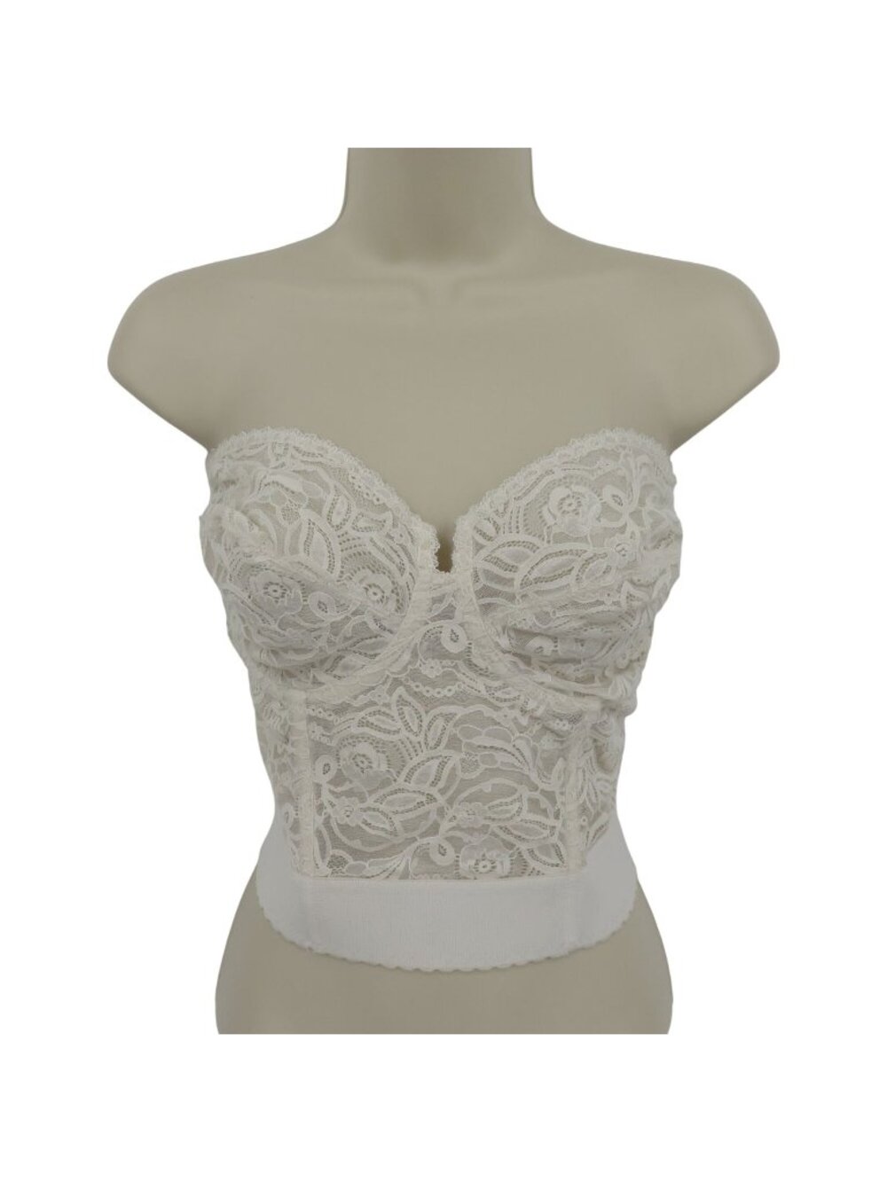 VTG Adonna 42D White Floral Flower Lace Wireless Boned Longline Strapless Bra